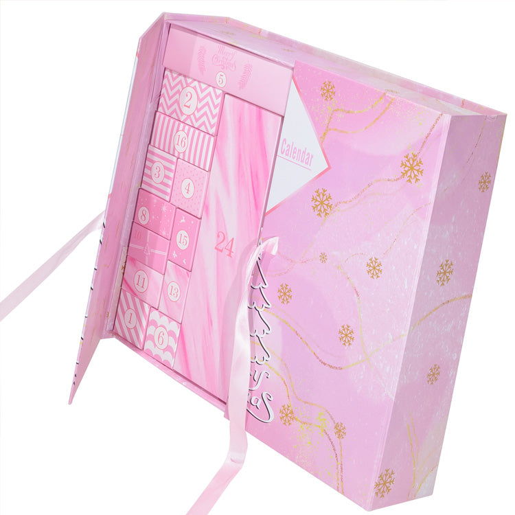 Pink advent calendar with snowflake designs on a white background