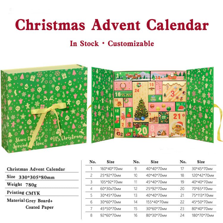 Green Christmas advent calendar with open design showing festive designs, in stock and customizable text.