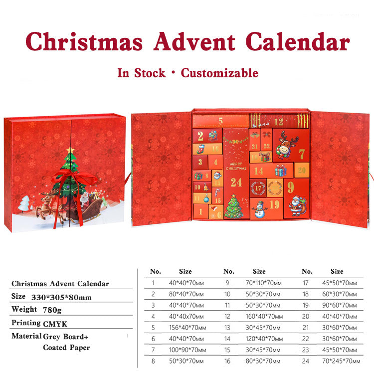 Red Christmas advent calendar with Santa Claus and Christmas tree design, customizable options.
