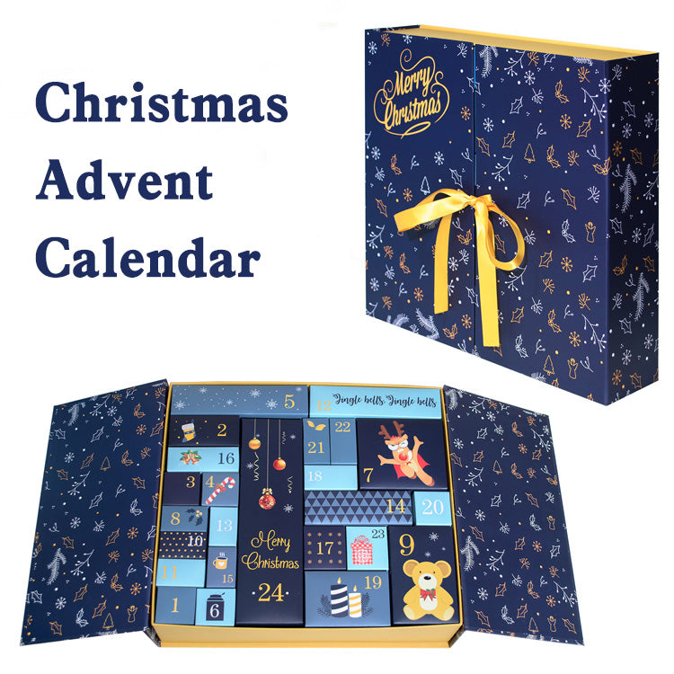 Christmas Advent Calendar with blue design and yellow ribbon on a white background