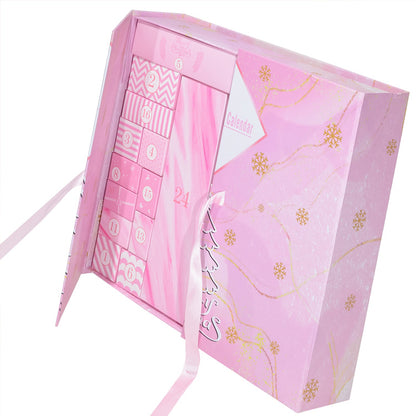 Pink advent calendar with snowflake designs on a white background
