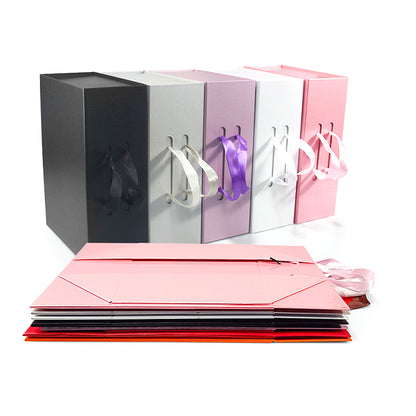 Hard Material Gray Board Folding Type Gift Box With Ribbon Handle